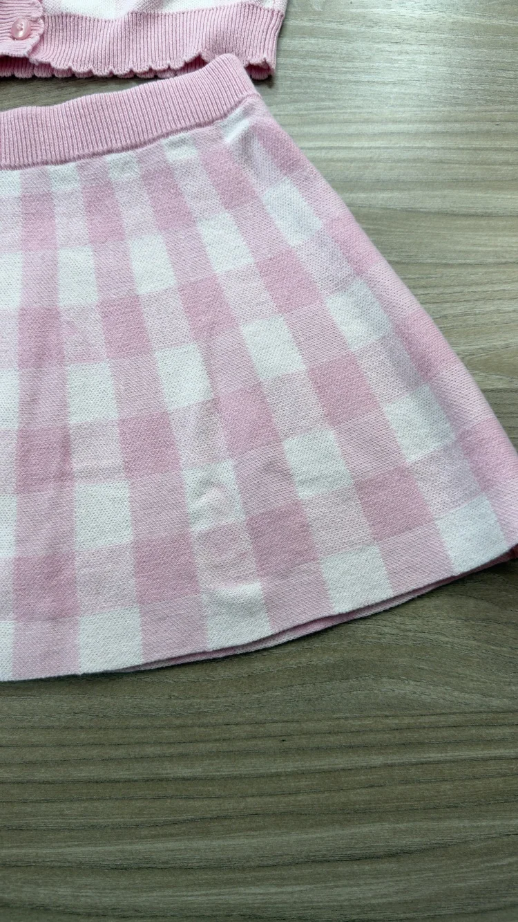Draper James Girls Gingham Sweater Skirt Set Pink White Knit 2-Piece Size 5